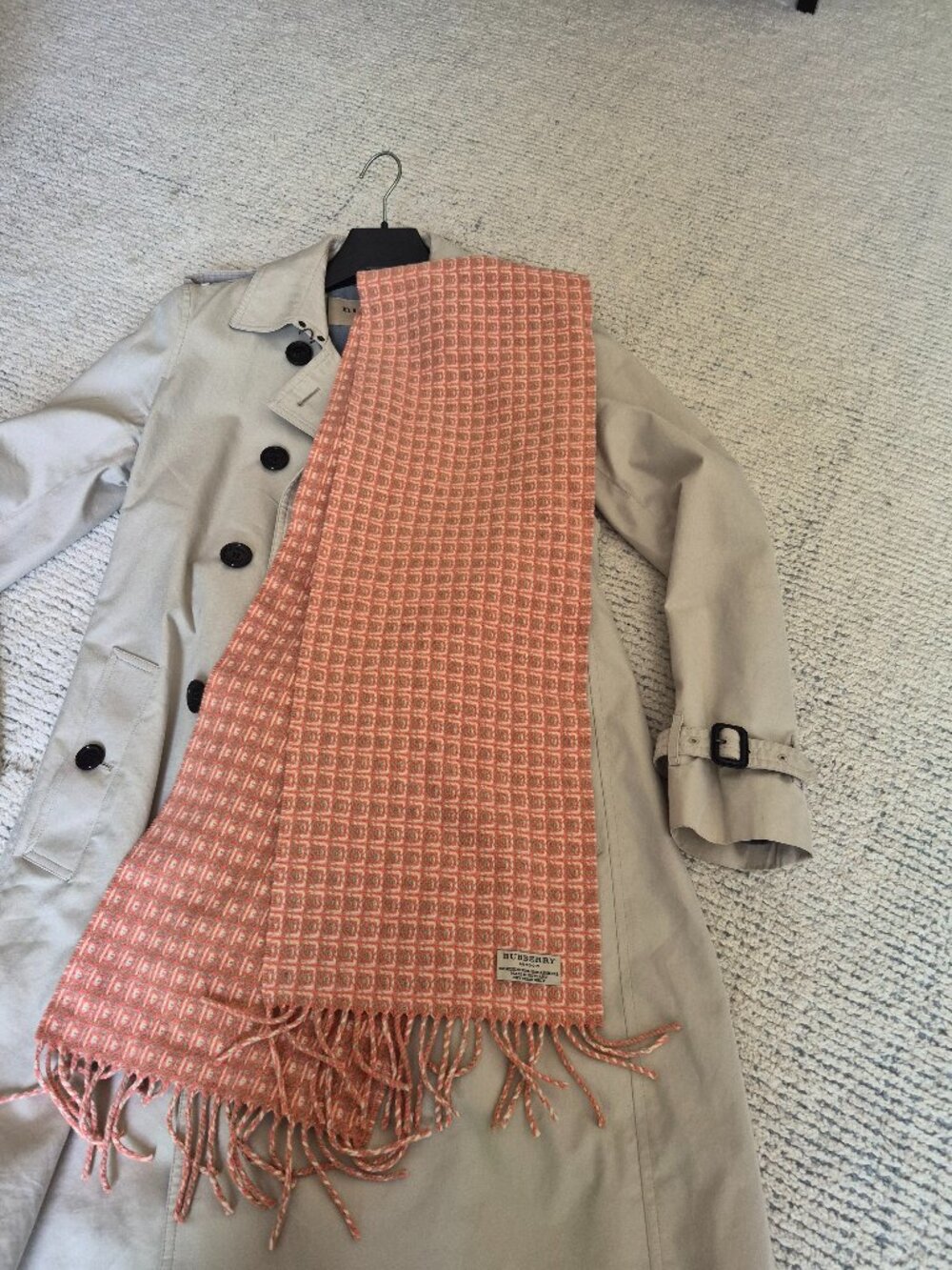 Authentic Burberry Soft Wool Scarf | Peach Pink Nova Check Fringe Scarf